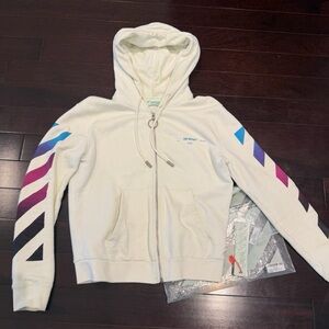 Off-White Cream Zip Hoodie with Multicolor Chevron Sleeves